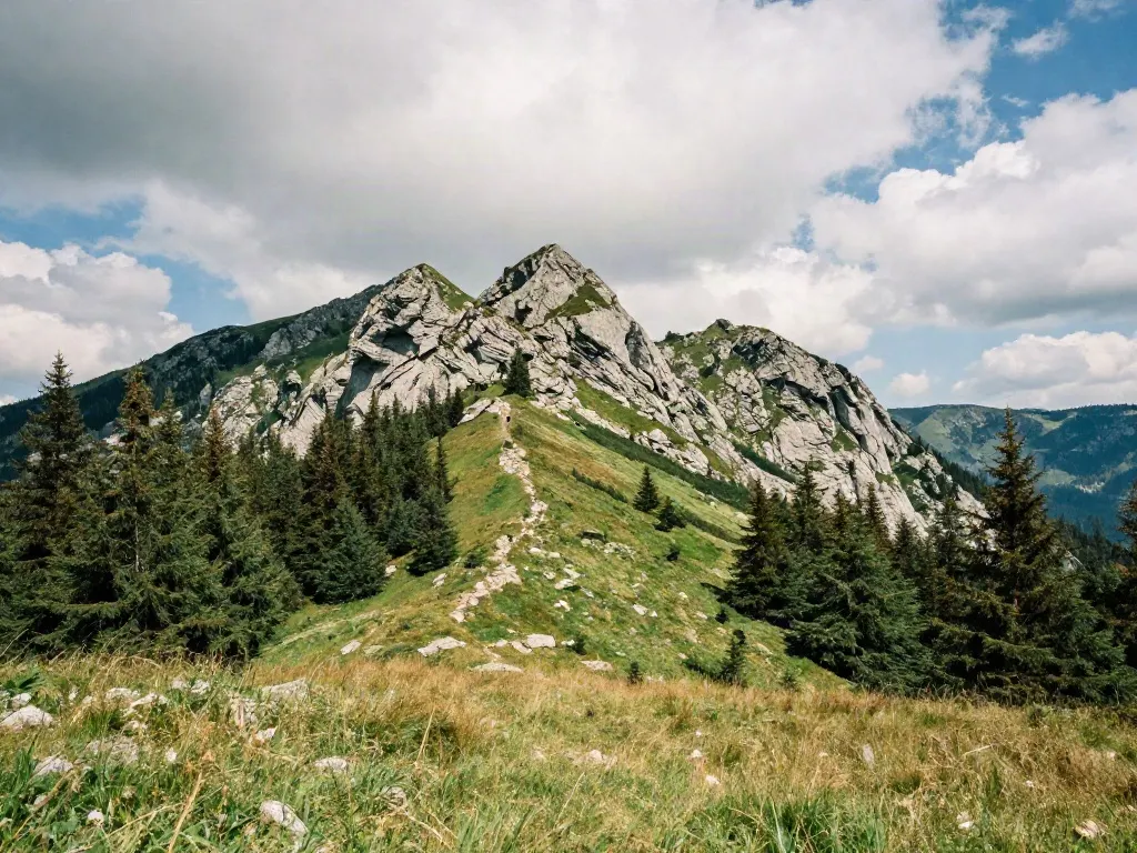 Creasta de calcar a Pietrei Craiului deasupra pajiștilor alpine și a molidișului
