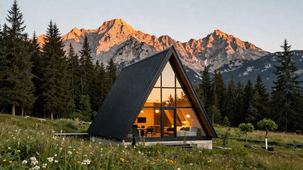 Cabană A-frame neagră cu fațadă de sticlă luminată, într-o poiană sub creasta de calcar a Pietrei Craiului, la apus