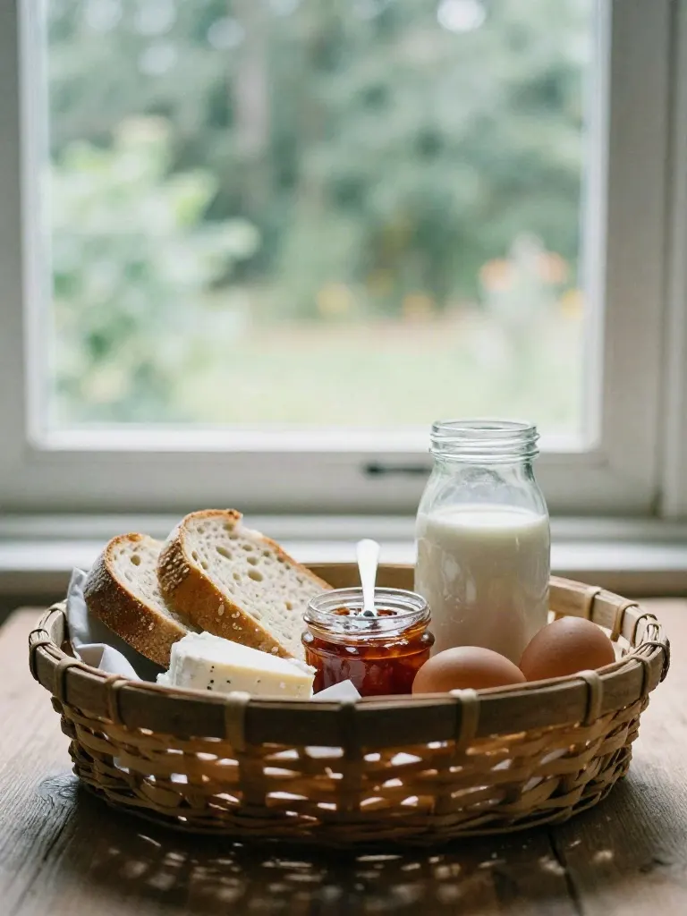 Coș împletit cu pâine, brânză, dulceață, ouă și lapte, lângă geam